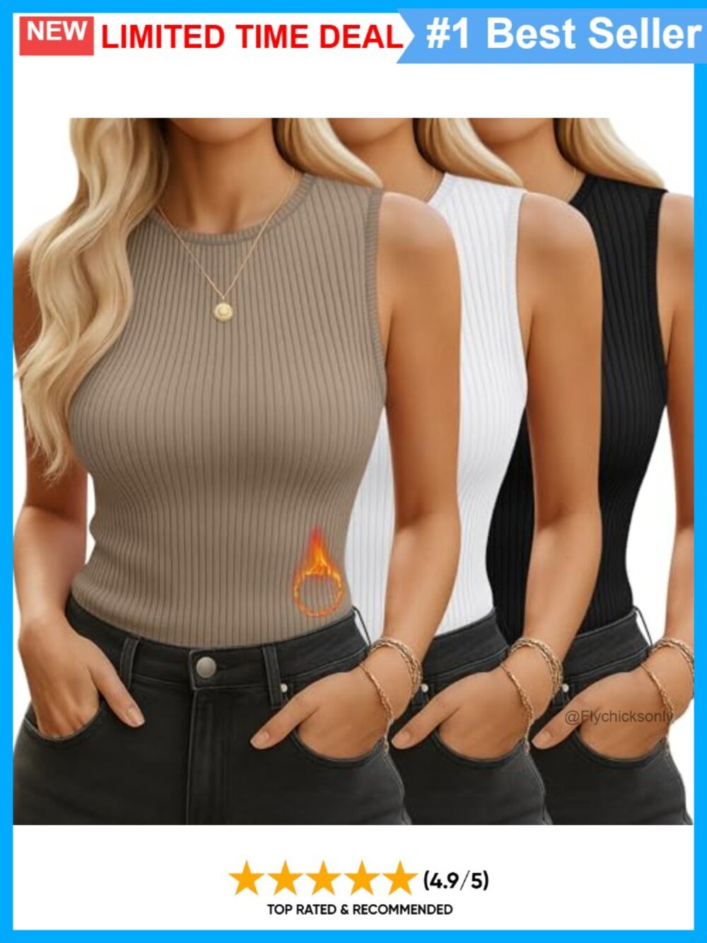 Thermal Tank Tops Women Cotton Spandex Crew Neck Sleeveless 3 Pack